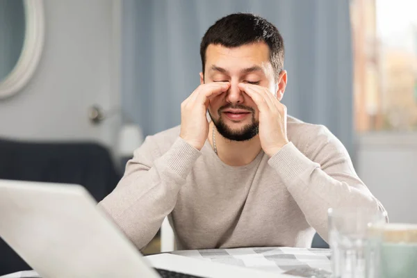 Overworked Young Man Massage Eyes Suffering Pain Dryness Long Work — Stock Photo, Image