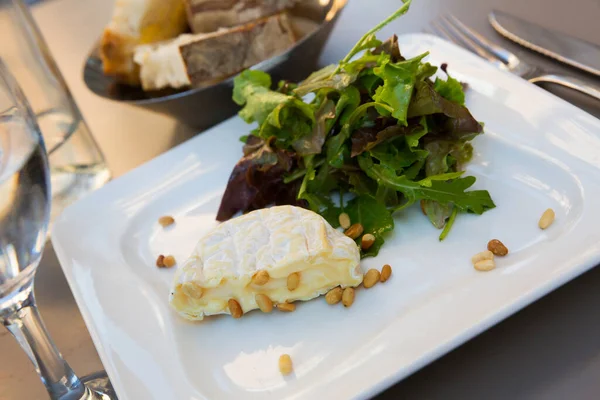 Fransız Yumuşak Peyniri Saint Marcellin Çam Fıstığı Yeşillikle Servis Edilir — Stok fotoğraf