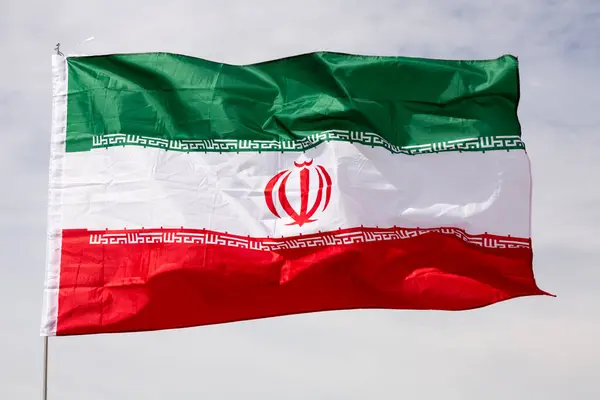 Large Flag Iran Fixed Metal Stick Waving Background Clear Sky — Stock Photo, Image