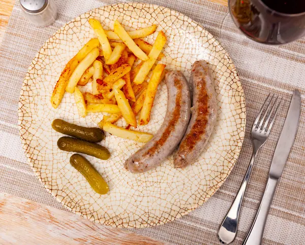 Plate Fried Small Pork Sausage French Fries Bran Bread Sit — Stock Photo, Image