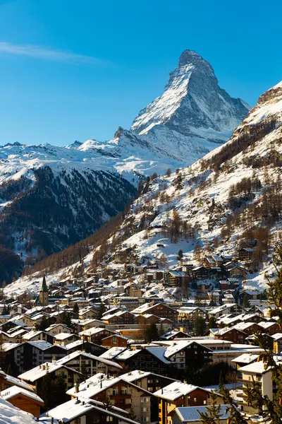 World Famous Mountain Peak Matterhorn Zermatt Town Switzerland Winter — Stock Photo, Image