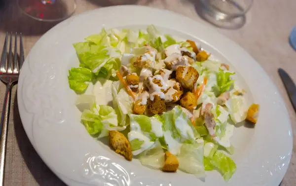 用鸡胸肉 生菜和吐司吃凯撒沙拉 — 图库照片