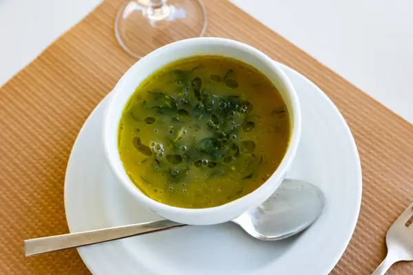 Bowl Flavorful Caldo Verde Soup Traditional Soup Made Potatoes Chourico — Stock Photo, Image