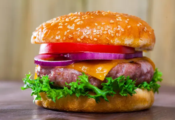 Image Delicious Hamburger Pork Patty Tomato Cheese Lettuce — Stock Photo, Image