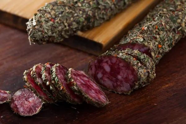 Traditional Catalan Thin Dry Cured Pork Sausage Fuet Herbs Sliced — Stock Photo, Image
