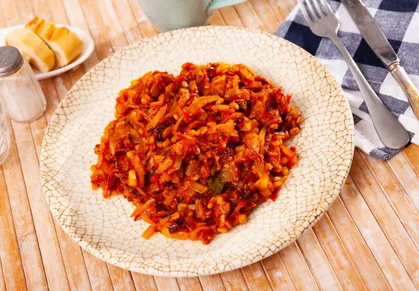 Spicy Cabbage Barley Stew Tomatoes Carrots Onion Side Dish Main — Stock Photo, Image