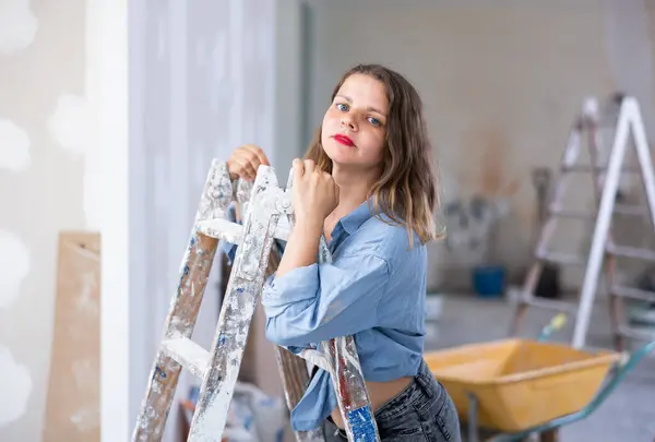 Pretty Woman Denim Shirt Posing Next Stepladder Room Being Renovated — Photo