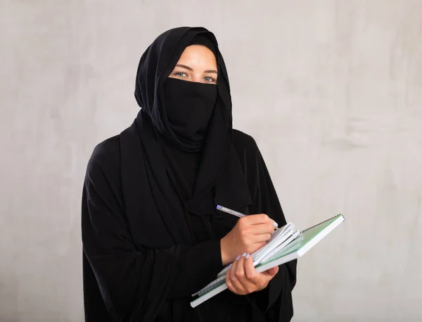 Young Calm Girl Covered Face Black Burka Holds Several Notebooks — Stock Photo, Image