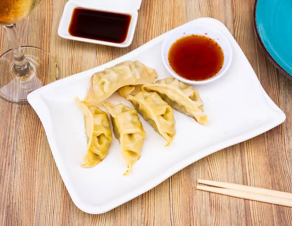 Boiled Yaki Gyoza Served Plate Special Sauce Other Table Appointments — Stock Photo, Image