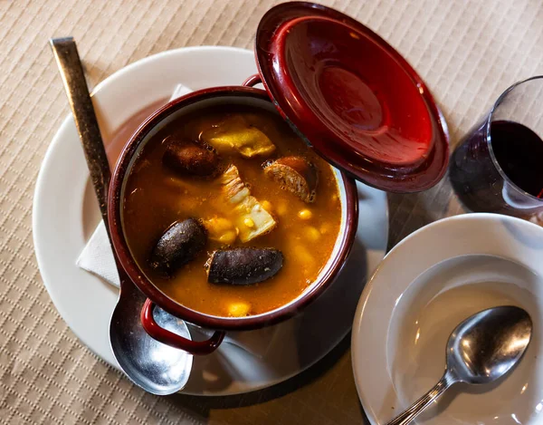 Asturian Fabada Soup White Beans Blood Sausage Served Bowl — Stock Photo, Image