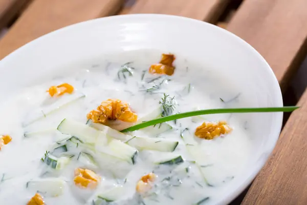 中東伝統的な夏の料理ターター ヨーグルト キュウリ クルミと冷たい野菜スープ — ストック写真