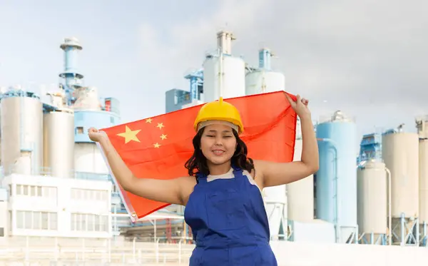 Happy Young Woman Helmet Holding Big Flag China Background Factory — Stock Photo, Image