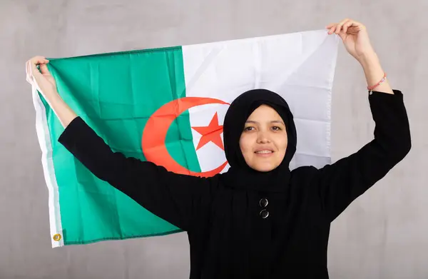 Closeup Portrait Young Positive Woman Hijab Posing Studio Flag Algeria — Stock Photo, Image
