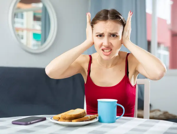 Screaming Displeased Young Woman Splashing Out Emotions Home — Stock Photo, Image