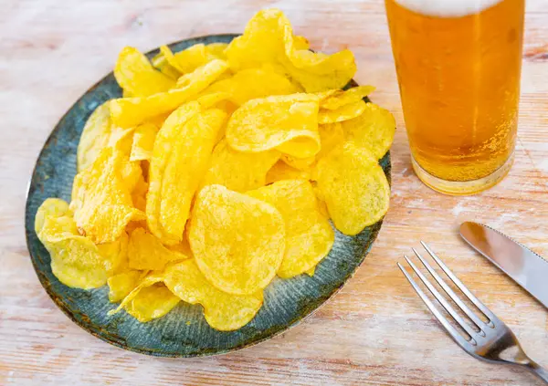 Delicious Appetizer Potato Chips Glass Beer Wooden Table — Stock Photo, Image