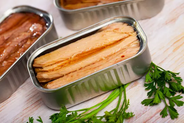 Canned Seafood Andalusian Melva Fish Fillets Preserved Oil Wooden Table — Stock Photo, Image