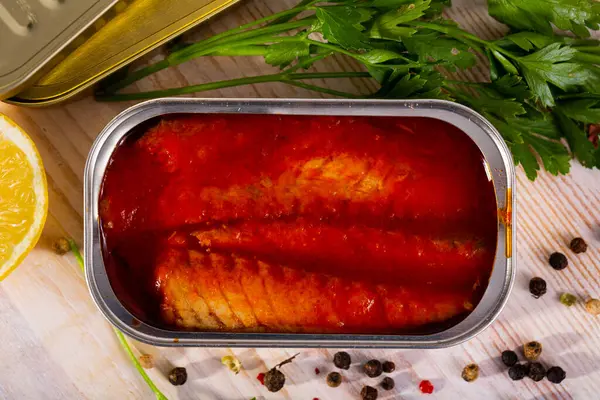 Makrelenfilet Tomatensauce Dose Hochwertiges Foto — Stockfoto