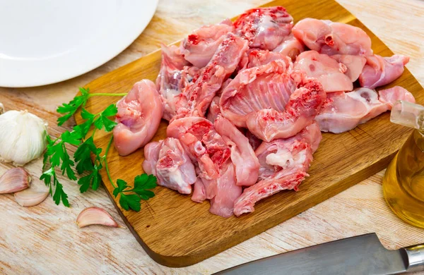 Home Cooking Pieces Fresh Raw Rabbit Condiments Prepared Roasting Wooden — Stock Photo, Image