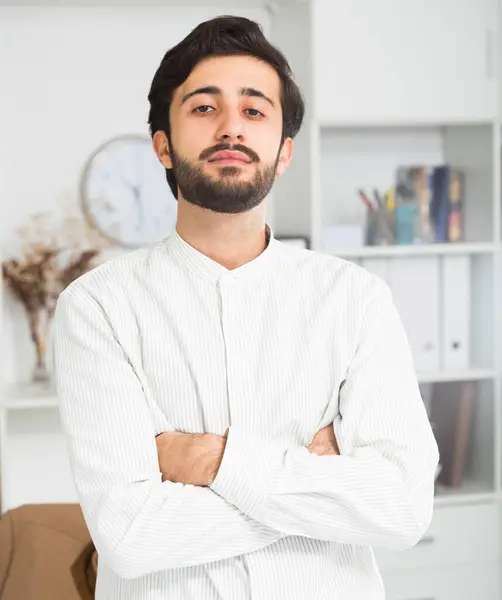 Portrait Young Cheerful Businessman Light Shirt Office — Stock Photo, Image