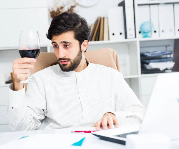 Relaxed Brunette Businessman Drinking Red Wine Office — Stock Photo, Image