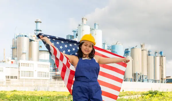 Happy Young Woman Helmet Holding Big Flag Usa Background Factory — Stock Photo, Image