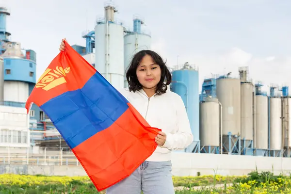 Happy Young Woman Holding Big Flag Mongolia Background Factory — Stock Photo, Image