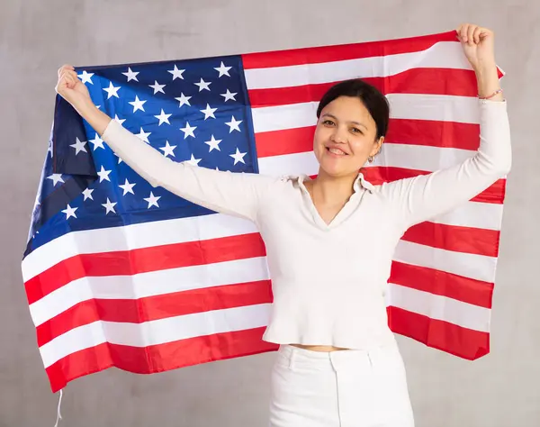 Portrait Positive Young Woman Flag Usa — Stock Photo, Image