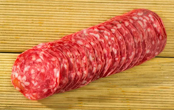 Thin Salchichon Sausage Slices Wooden Background View — Stock Photo, Image