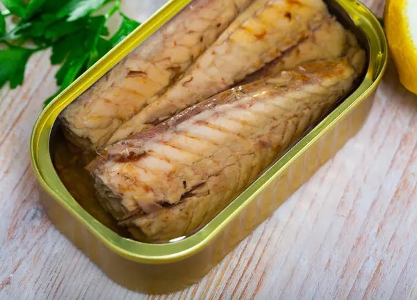 Close up of canned fish - mackerel fillets in sunflower oil