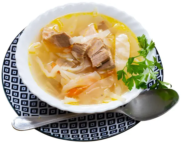 National Restaurant Serves Traditional Russian Cuisine Cabbage Soup Piece Bacon — Stock Photo, Image