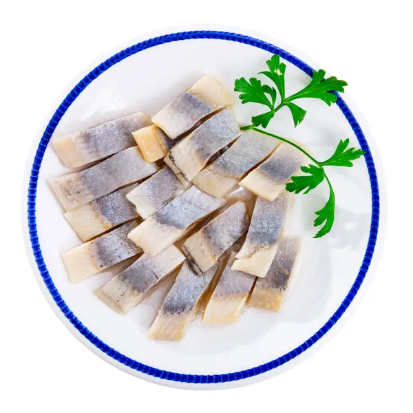 Los Trozos Filete Arenque Ligeramente Salado Colocan Filas Ordenadas Plato — Foto de Stock