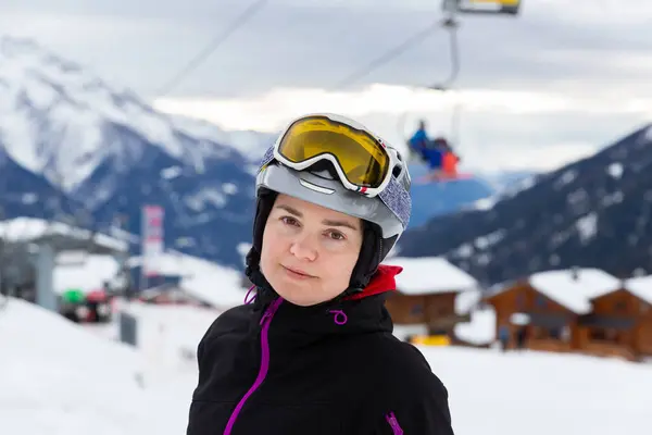 Closeup Portrait Positive Woman Ski Helmet Glasses Enjoying Vacation Alpin — Stock Photo, Image