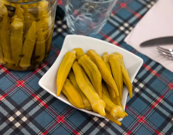Homemade Organic Marinated Pickled Okra Ceramic Plate Portuguese Snack — Stock Photo, Image