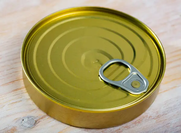 View of closed silver tin can for food
