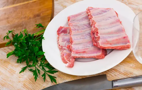 Fresh Raw Pork Ribs Parsley Wooden Table Cooking Food — Stock Photo, Image