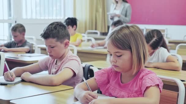 Schüler Lernen Während Des Unterrichts Klassenzimmer Lehrerin Steht Zwischen Schreibtischen — Stockvideo