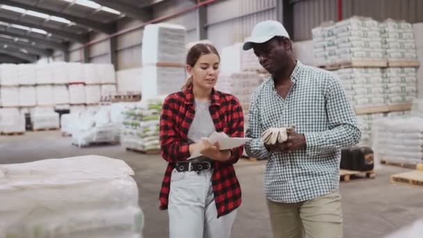 ヨーロッパ人女性とアフリカ系アメリカ人男性が 倉庫で仕事の詳細を議論しています 会話をする倉庫労働者 指を指すこと — ストック動画
