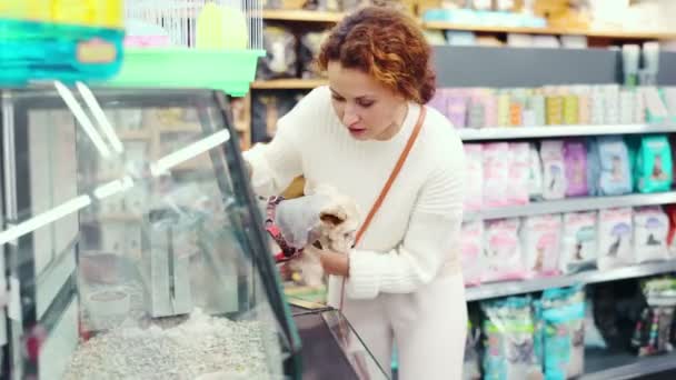 Mulher Sorridente Visitando Pet Store Com Pouco Terrier Yorkshire Bem — Vídeo de Stock