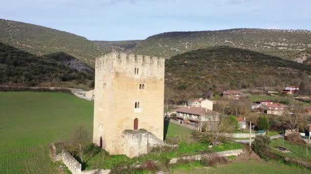 Valdenoceda Burgos Spanya Daki Bir Ortaçağ Kulesinin Hava Görüntüsü Burgos — Stok video