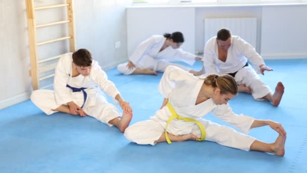Tim Olahraga Dalam Kimono Melakukan Pemanasan Otot Sebelum Latihan Karate — Stok Video