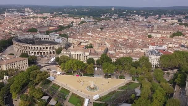 Drone View Ancient Roman Amfiteater Arena Nimes Background Reddish Tiled — Stockvideo