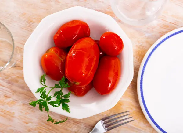 Homemade Canned Tomatoes White Plate Wooden Table — Stock Photo, Image