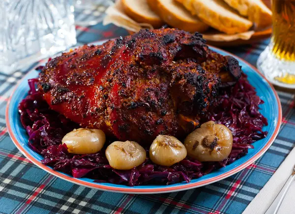 Baked Knuckle Stewed Red Cabbage Baked Onion Nobody — Stock Photo, Image
