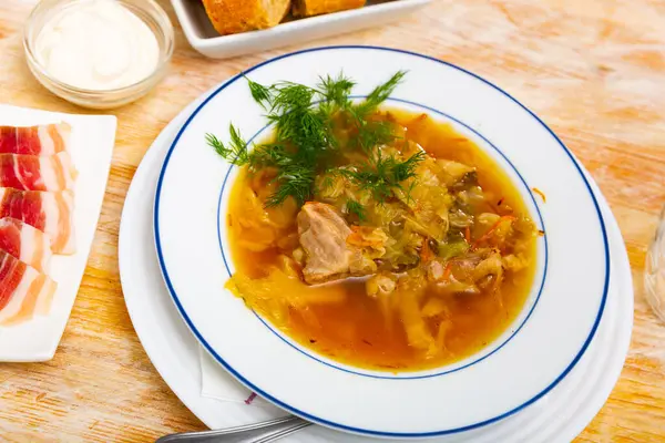 National Dish Russian Cuisine Cabbage Soup Cooked Thick Broth Basis — Stock Photo, Image
