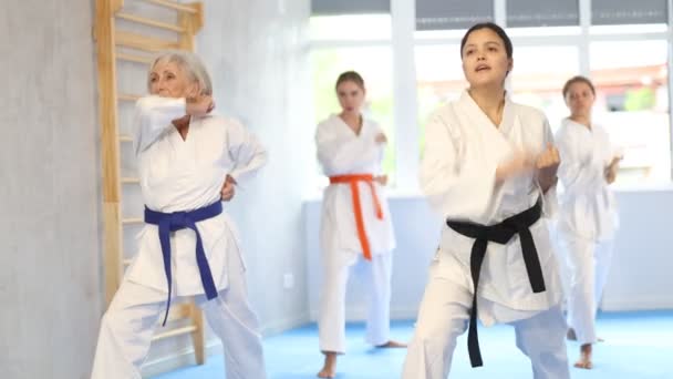 Donne Diverse Età Kimono Piedi Posizione Combattimento Durante Allenamento Karate — Video Stock