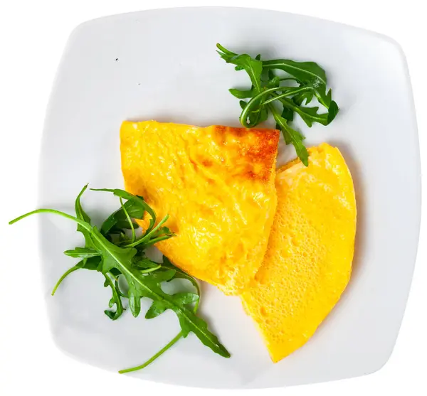 Delicious Omelette Arugula Served Platter Breakfast Isolated White Background — Stock Photo, Image