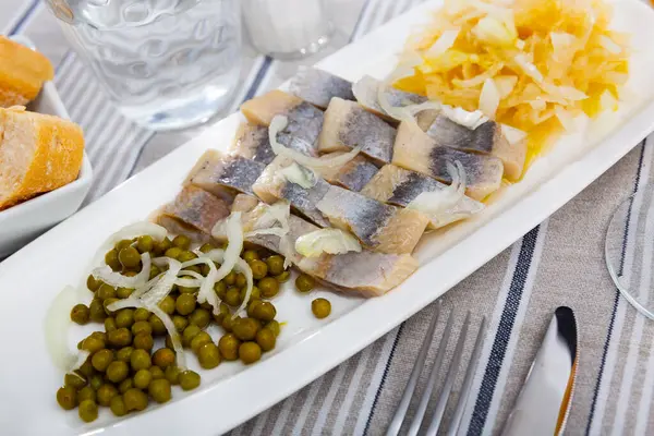 Delicious Filets Lightly Salted Atlantic Herring Garnished Onion Slices Shredded — Stock Photo, Image