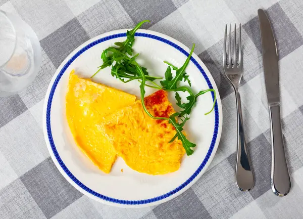 Freshly Made Omelet Plate Two Pieces Fried Omelet Decorated Arugula — Stock Photo, Image