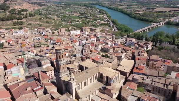 Luchtfoto Van Tudela Met Uitzicht Rivier Ebro Kathedraal Autonome Gemeenschap — Stockvideo