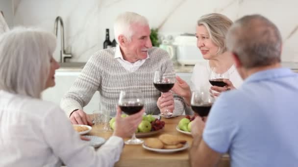 在餐桌前 一群快乐的成年人享受着节日 喝着红酒 聊着天 — 图库视频影像